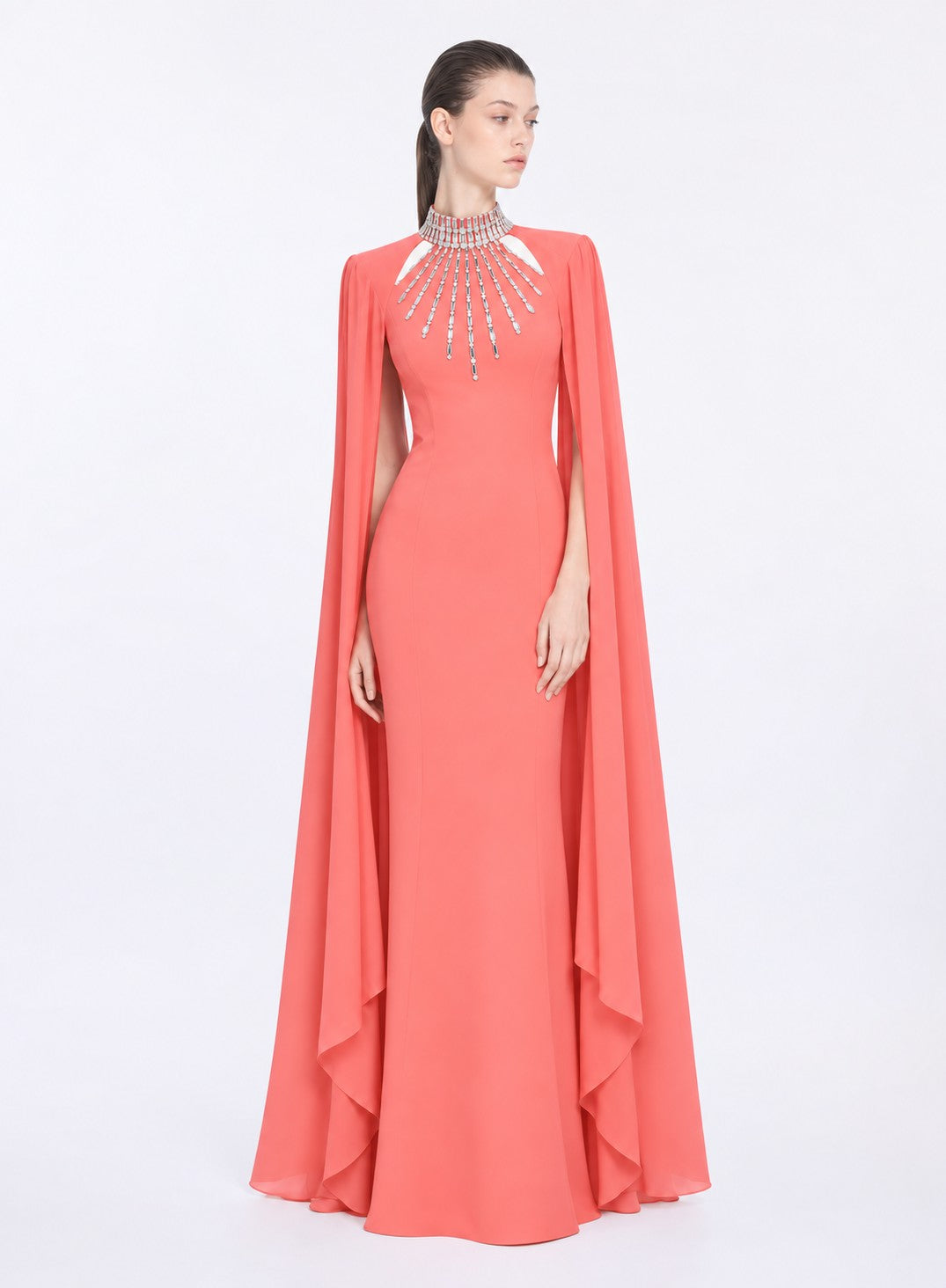 CORAL RADIANCE CAPE GOWN