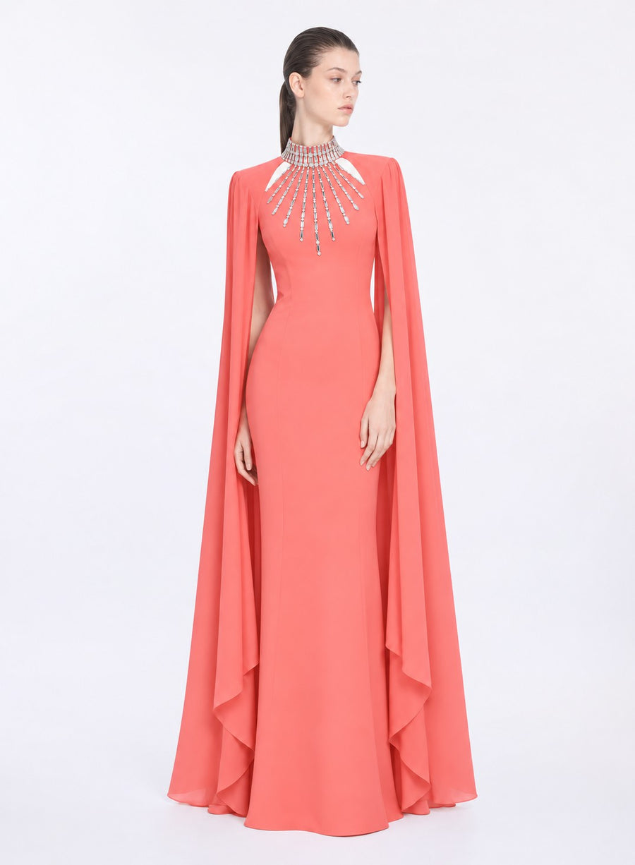 CORAL RADIANCE CAPE GOWN