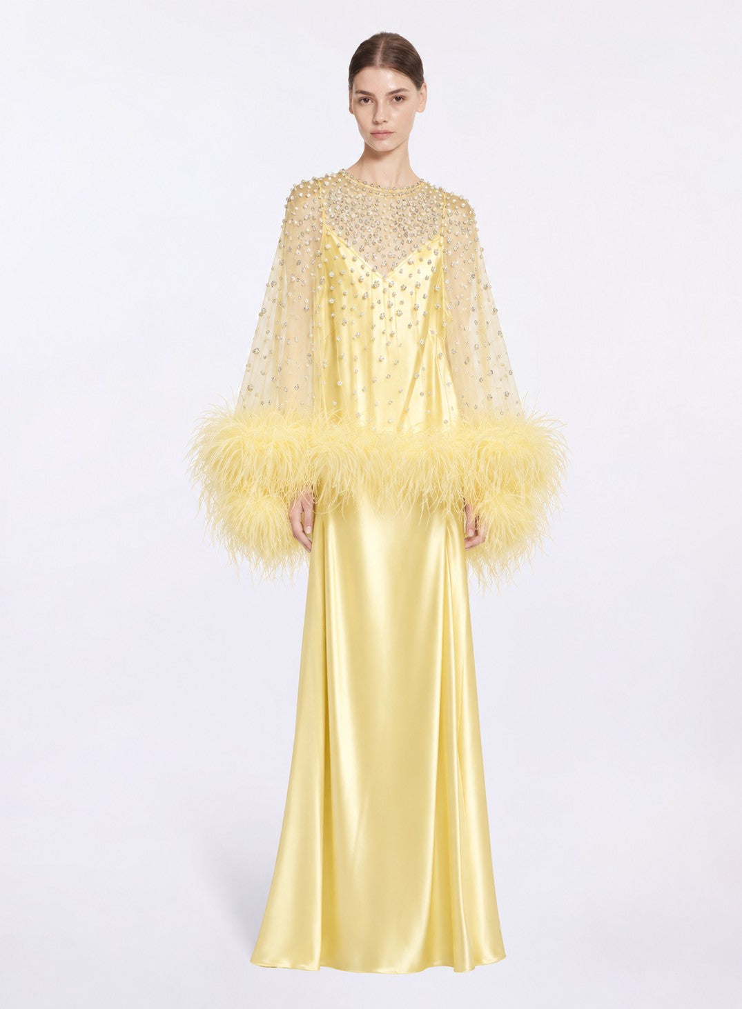 CELESTE PEARL-EMBELLISHED FEATHER-TRIM SATIN GOWN