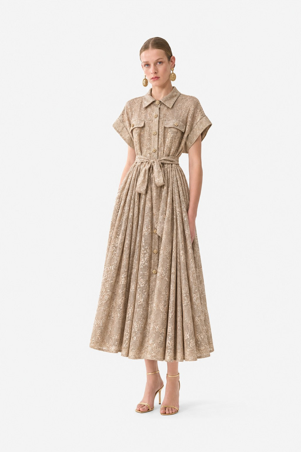CHAMPAGNE JACQUARD BELTED MIDI DRESS