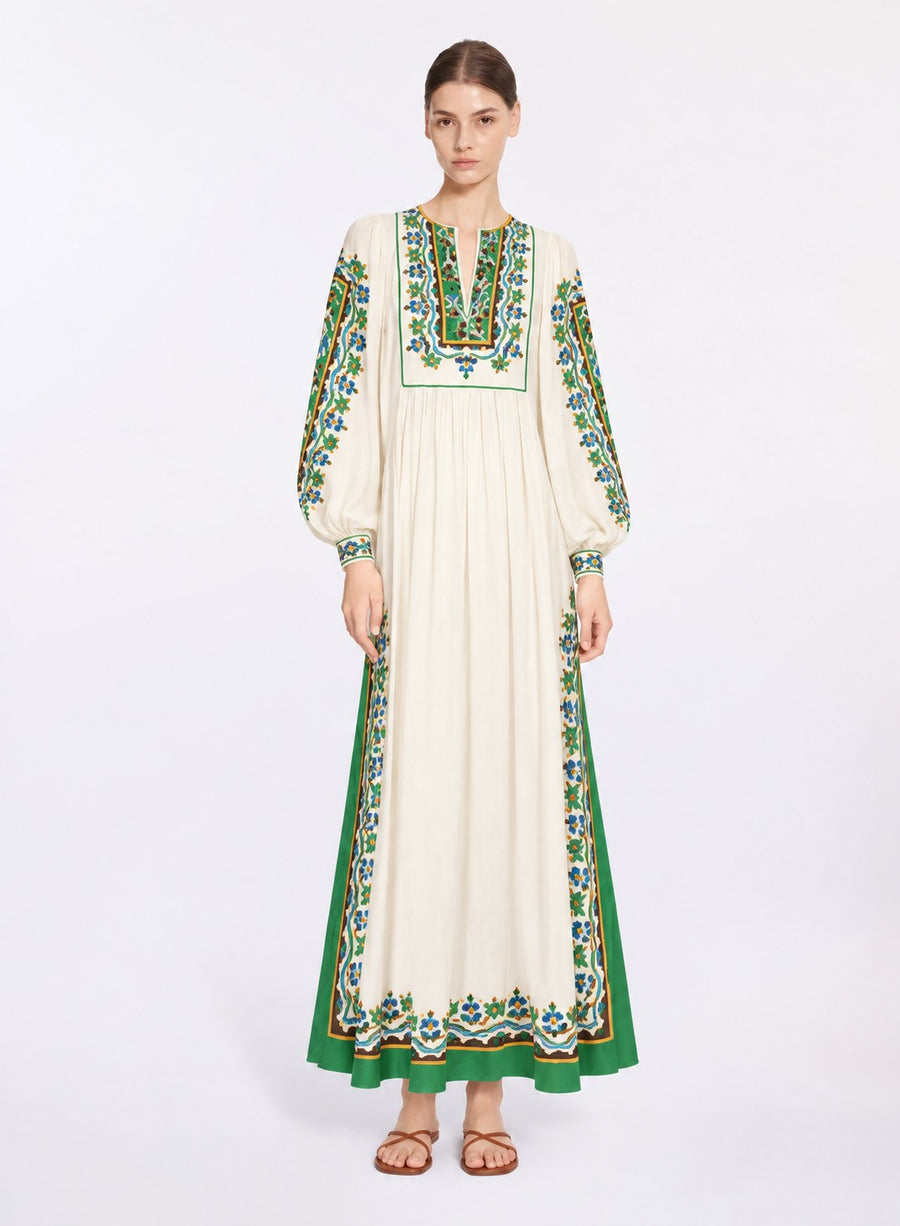 EMERALD GARDEN BORDER-PRINT MAXI DRESS