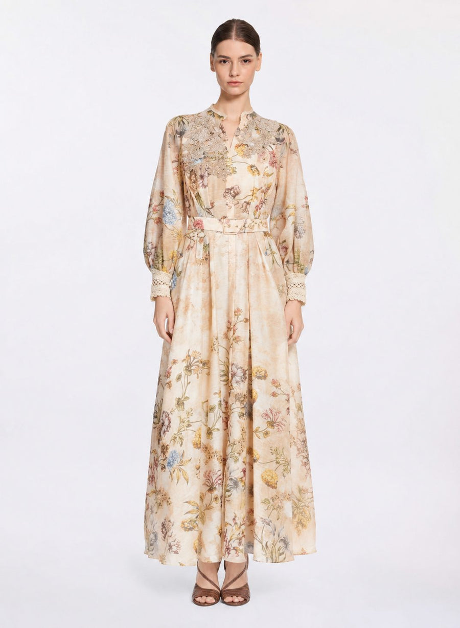 Branch Placement Print Relief Embroidered Dress